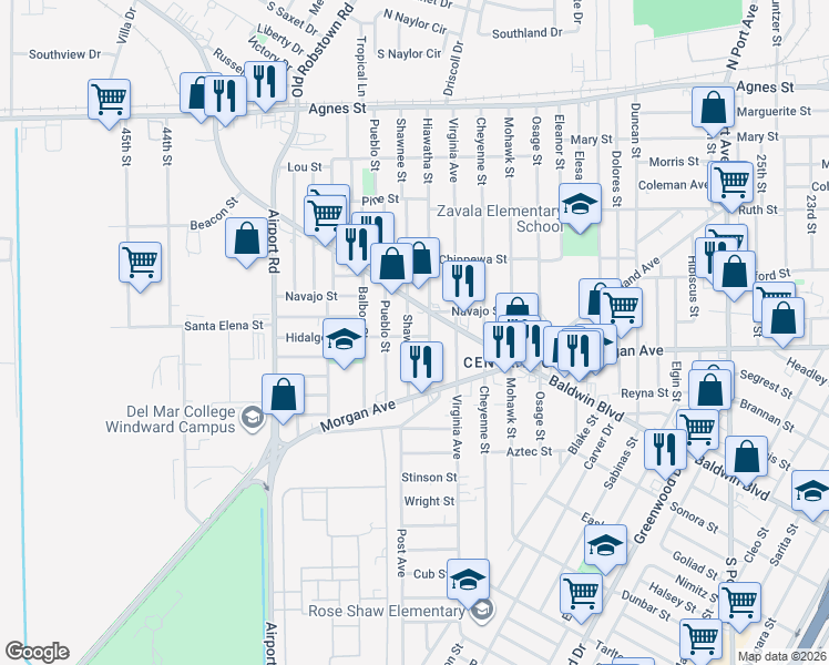 map of restaurants, bars, coffee shops, grocery stores, and more near 450 Shawnee Street in Corpus Christi