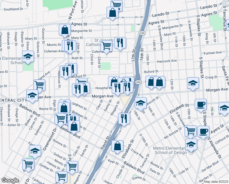 map of restaurants, bars, coffee shops, grocery stores, and more near 2232 Morgan Avenue in Corpus Christi