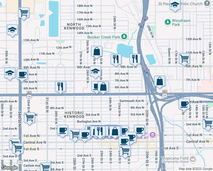 map of restaurants, bars, coffee shops, grocery stores, and more near 2439 6th Avenue North in St. Petersburg