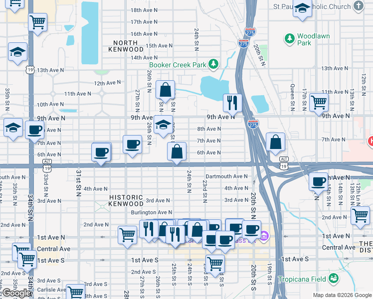 map of restaurants, bars, coffee shops, grocery stores, and more near 2439 6th Avenue North in St. Petersburg