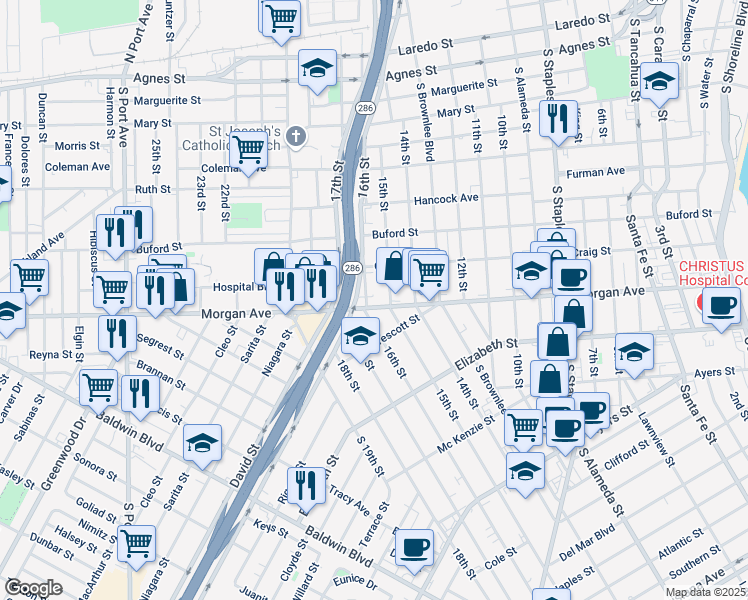 map of restaurants, bars, coffee shops, grocery stores, and more near 1236 16th Street in Corpus Christi