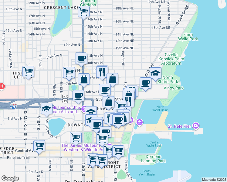 map of restaurants, bars, coffee shops, grocery stores, and more near 126 6th Avenue Northeast in St. Petersburg