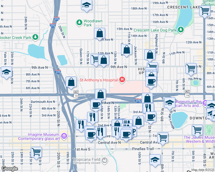 map of restaurants, bars, coffee shops, grocery stores, and more near 604 14th Street North in St. Petersburg