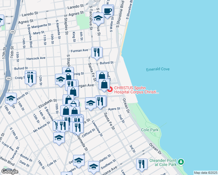 map of restaurants, bars, coffee shops, grocery stores, and more near 1317 3rd Street in Corpus Christi