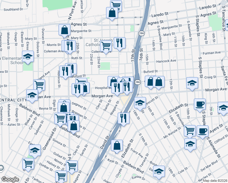map of restaurants, bars, coffee shops, grocery stores, and more near 2232 Morgan Avenue in Corpus Christi