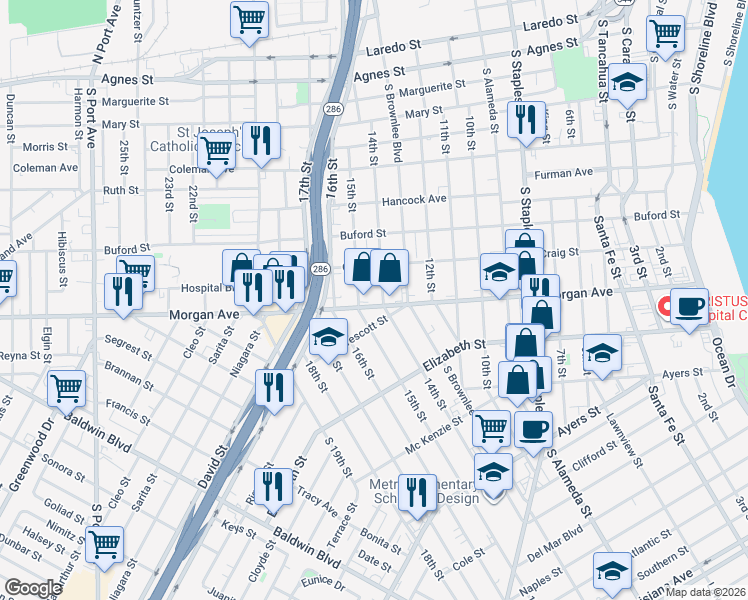 map of restaurants, bars, coffee shops, grocery stores, and more near 1702 Morgan Avenue in Corpus Christi