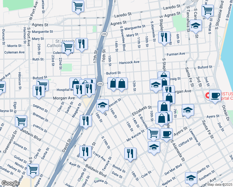 map of restaurants, bars, coffee shops, grocery stores, and more near 1702 Morgan Avenue in Corpus Christi