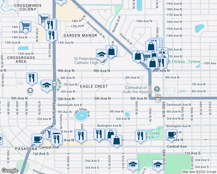 map of restaurants, bars, coffee shops, grocery stores, and more near 6206 7th Avenue North in Saint Petersburg