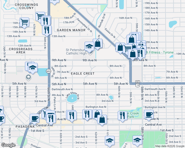 map of restaurants, bars, coffee shops, grocery stores, and more near 6228 7th Avenue North in St. Petersburg