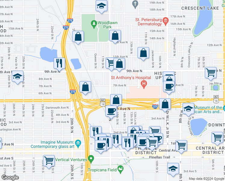 map of restaurants, bars, coffee shops, grocery stores, and more near 621 16th Street North in St. Petersburg