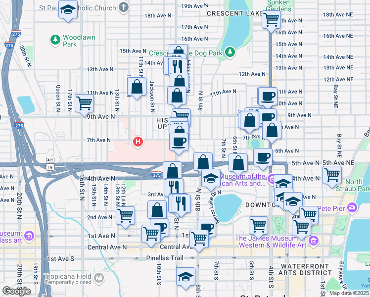 map of restaurants, bars, coffee shops, grocery stores, and more near 545 1/2 Highland Street North in St. Petersburg