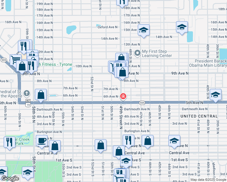 map of restaurants, bars, coffee shops, grocery stores, and more near 4940 7th Avenue North in St. Petersburg