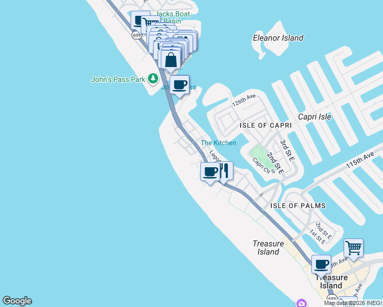 map of restaurants, bars, coffee shops, grocery stores, and more near 115 124th Avenue West in Treasure Island