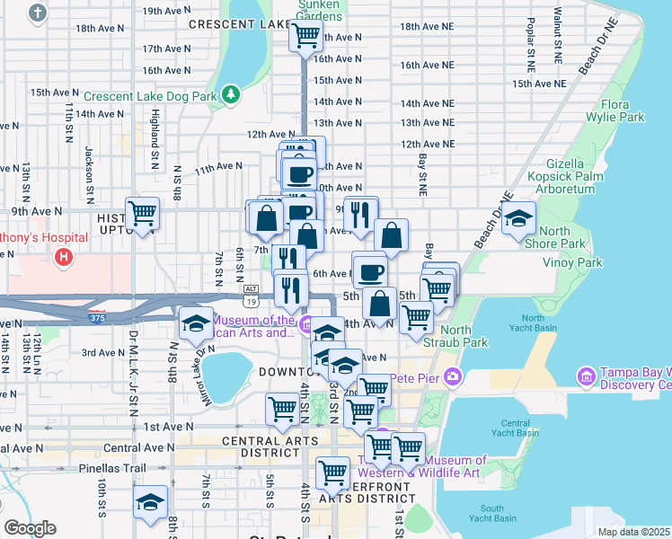 map of restaurants, bars, coffee shops, grocery stores, and more near 236 6th Avenue North in St. Petersburg