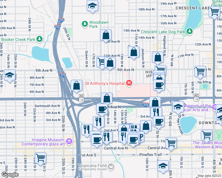 map of restaurants, bars, coffee shops, grocery stores, and more near 604 14th Street North in St. Petersburg