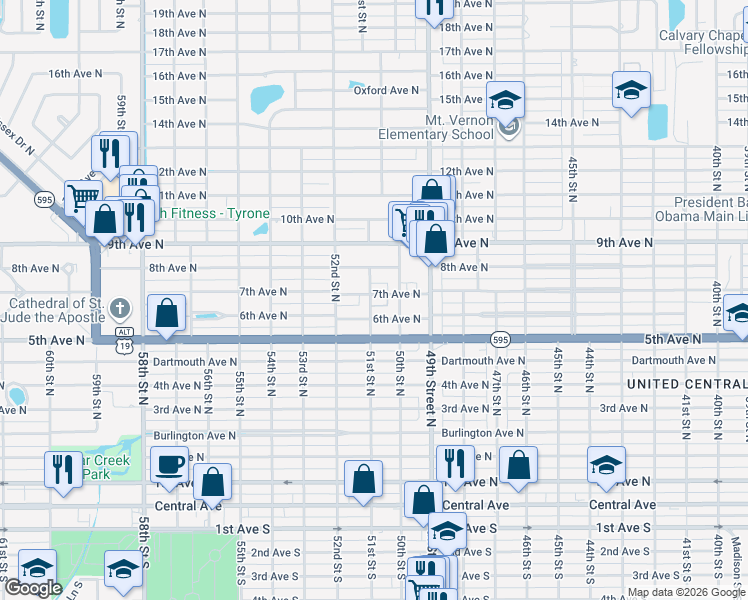 map of restaurants, bars, coffee shops, grocery stores, and more near 5042 7th Avenue North in Saint Petersburg