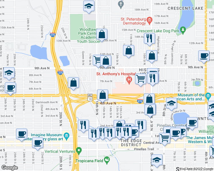 map of restaurants, bars, coffee shops, grocery stores, and more near 604 14th Street North in St. Petersburg