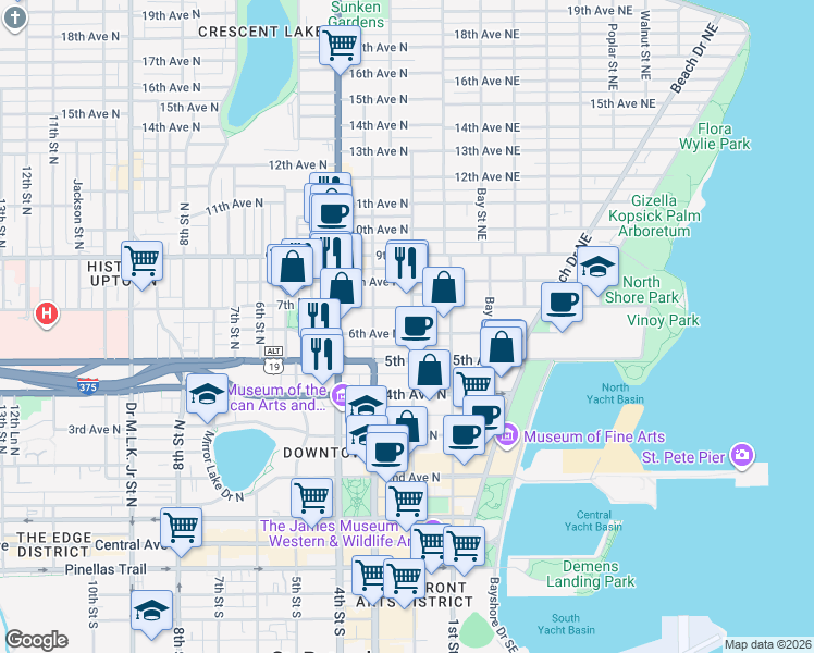 map of restaurants, bars, coffee shops, grocery stores, and more near 236 6th Avenue North in St. Petersburg