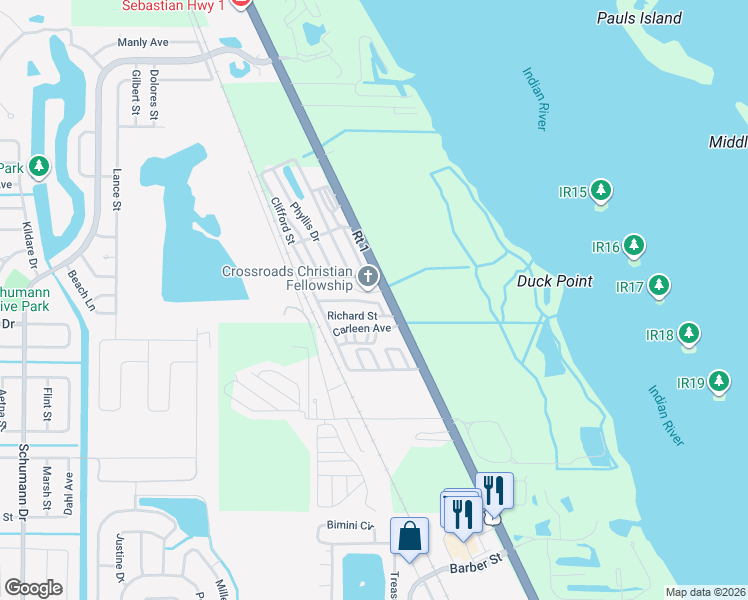 map of restaurants, bars, coffee shops, grocery stores, and more near 127 Jimmy Street in Sebastian