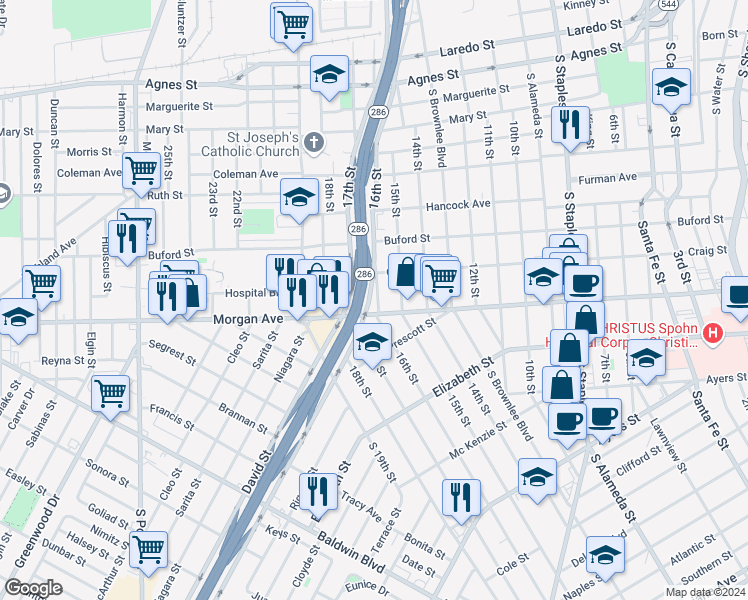 map of restaurants, bars, coffee shops, grocery stores, and more near 1225 16th Street in Corpus Christi