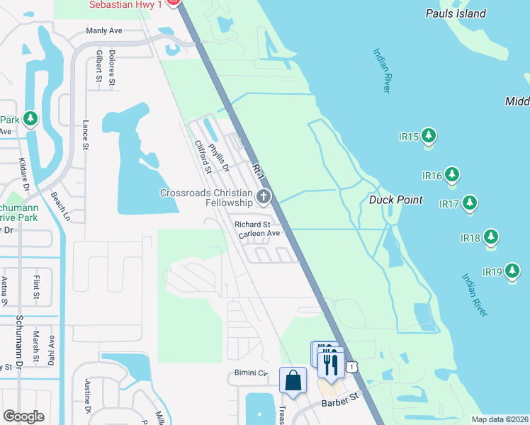 map of restaurants, bars, coffee shops, grocery stores, and more near 127 Jimmy Street in Sebastian