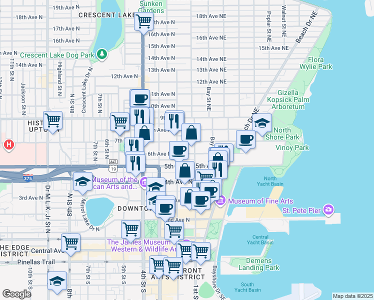map of restaurants, bars, coffee shops, grocery stores, and more near 122 6th Avenue North in St. Petersburg