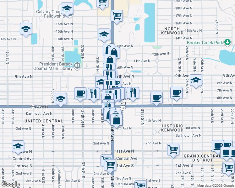 map of restaurants, bars, coffee shops, grocery stores, and more near 3328 7th Avenue North in St. Petersburg