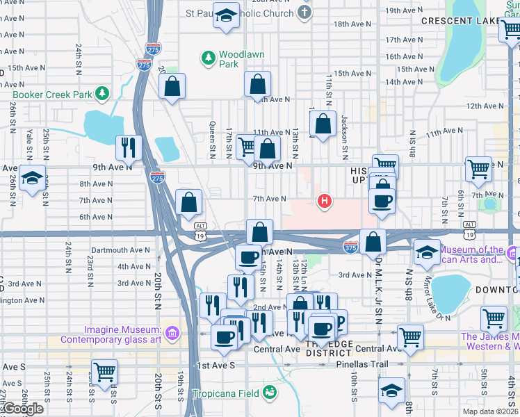 map of restaurants, bars, coffee shops, grocery stores, and more near 601 16th Street North in St. Petersburg