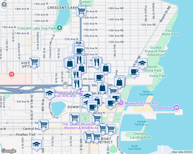 map of restaurants, bars, coffee shops, grocery stores, and more near 236 6th Avenue North in St. Petersburg