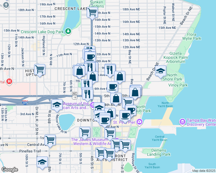 map of restaurants, bars, coffee shops, grocery stores, and more near 236 6th Avenue North in St. Petersburg