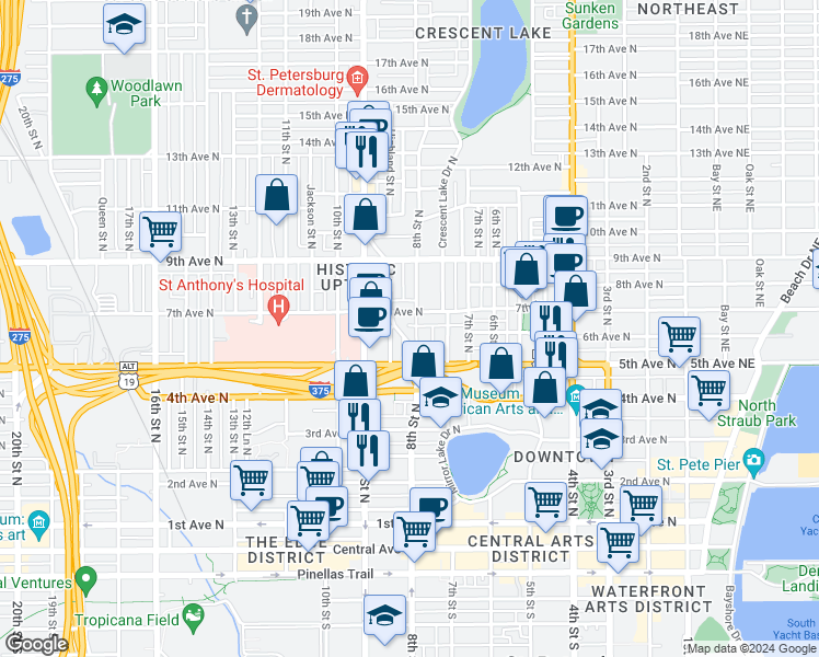 map of restaurants, bars, coffee shops, grocery stores, and more near 545 1/2 Highland Street North in St. Petersburg
