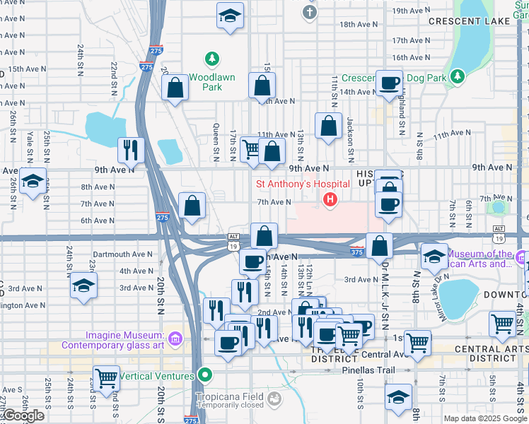 map of restaurants, bars, coffee shops, grocery stores, and more near 601 16th Street North in St. Petersburg