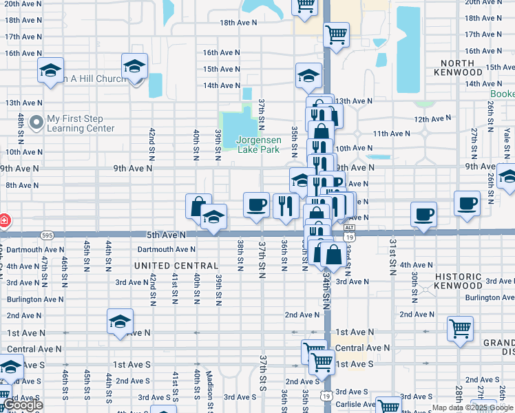 map of restaurants, bars, coffee shops, grocery stores, and more near 3747 6th Avenue North in St. Petersburg