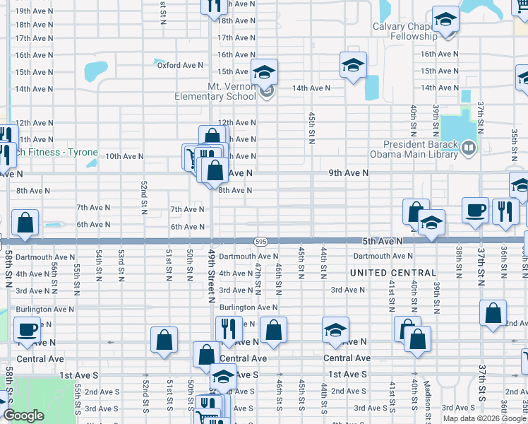 map of restaurants, bars, coffee shops, grocery stores, and more near 4641 6th Avenue North in St. Petersburg