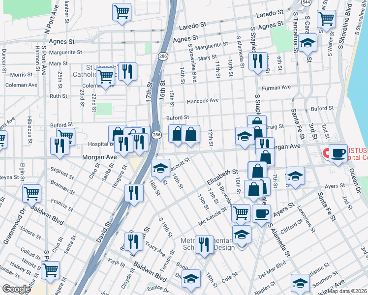 map of restaurants, bars, coffee shops, grocery stores, and more near 1702 Morgan Avenue in Corpus Christi