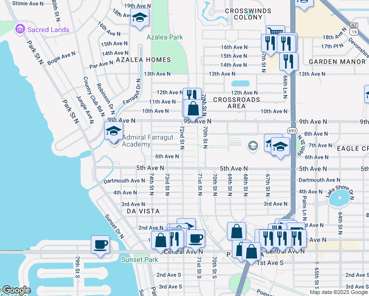 map of restaurants, bars, coffee shops, grocery stores, and more near 7209 6th Avenue North in St. Petersburg
