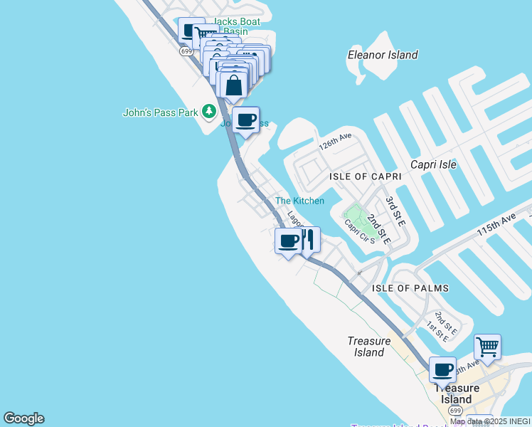 map of restaurants, bars, coffee shops, grocery stores, and more near 12402 Sunshine Lane in Treasure Island