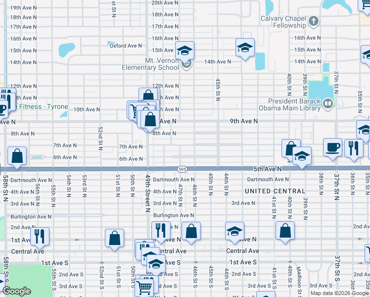 map of restaurants, bars, coffee shops, grocery stores, and more near 4641 6th Avenue North in St. Petersburg