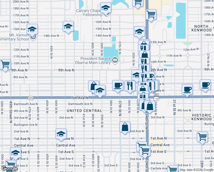 map of restaurants, bars, coffee shops, grocery stores, and more near 3860 7th Avenue North in St. Petersburg