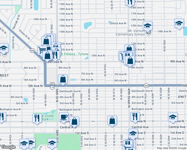 map of restaurants, bars, coffee shops, grocery stores, and more near 5326 7th Avenue North in St. Petersburg