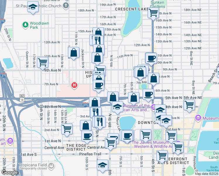 map of restaurants, bars, coffee shops, grocery stores, and more near 545 1/2 Highland Street North in St. Petersburg