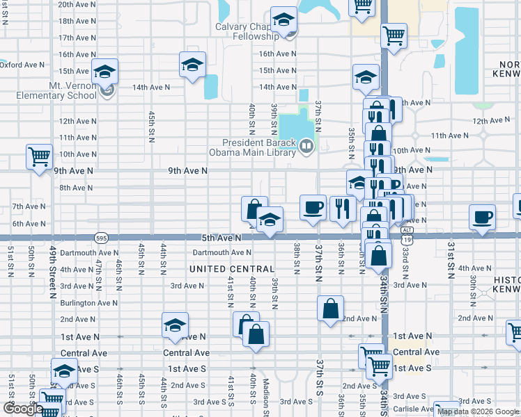 map of restaurants, bars, coffee shops, grocery stores, and more near 202 40th Street North in St. Petersburg