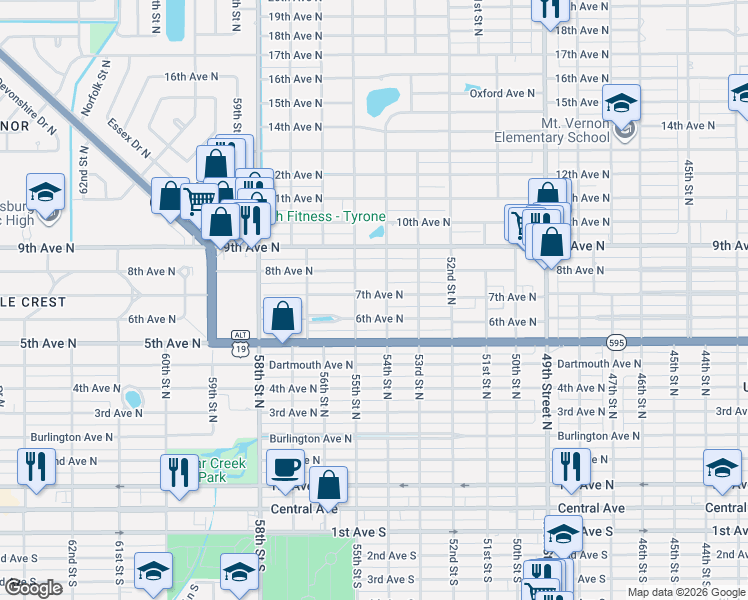 map of restaurants, bars, coffee shops, grocery stores, and more near 5401 6th Avenue North in St. Petersburg