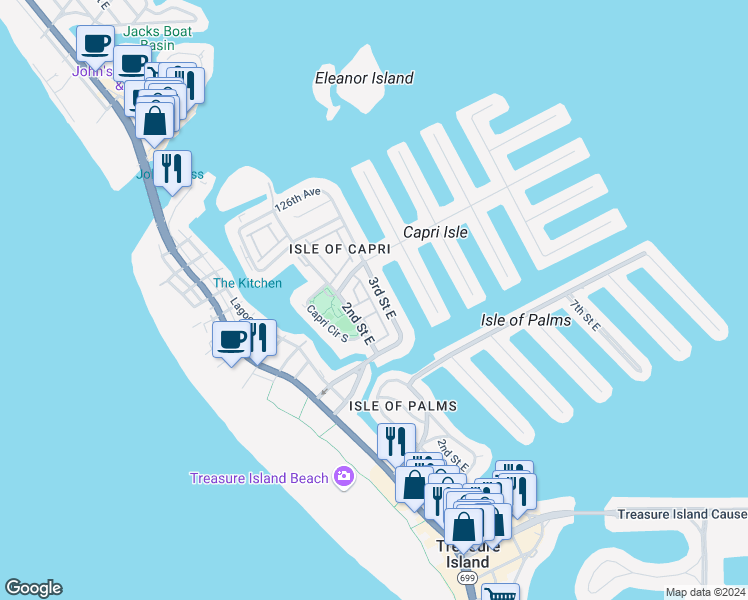 map of restaurants, bars, coffee shops, grocery stores, and more near 261 Nautilus Way in Treasure Island