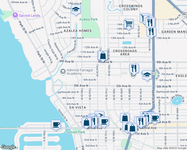 map of restaurants, bars, coffee shops, grocery stores, and more near 7209 6th Avenue North in St. Petersburg