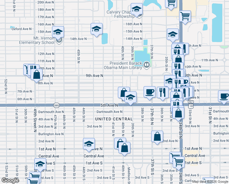 map of restaurants, bars, coffee shops, grocery stores, and more near 695 41st Street North in St. Petersburg