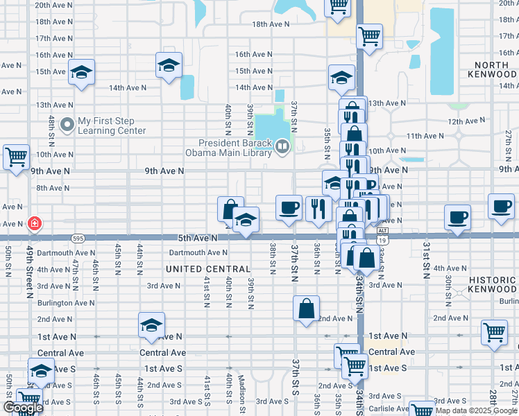 map of restaurants, bars, coffee shops, grocery stores, and more near 3853 7th Terrace North in St. Petersburg