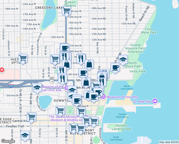 map of restaurants, bars, coffee shops, grocery stores, and more near 122 6th Avenue North in St. Petersburg