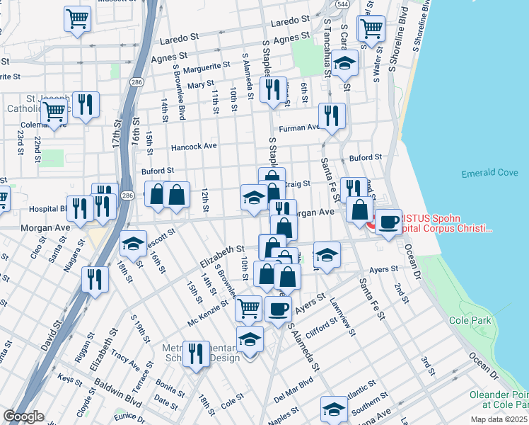 map of restaurants, bars, coffee shops, grocery stores, and more near 1121 Morgan Avenue in Corpus Christi