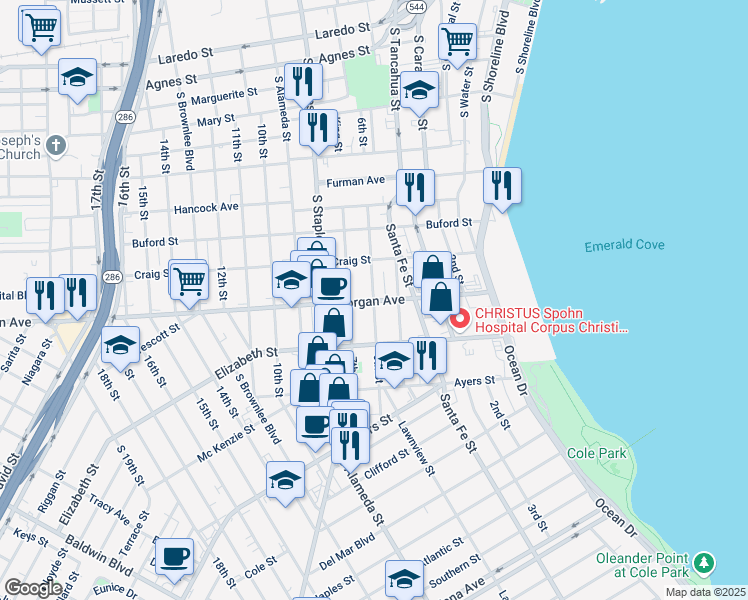 map of restaurants, bars, coffee shops, grocery stores, and more near Morgan Ave & 6th St in Corpus Christi